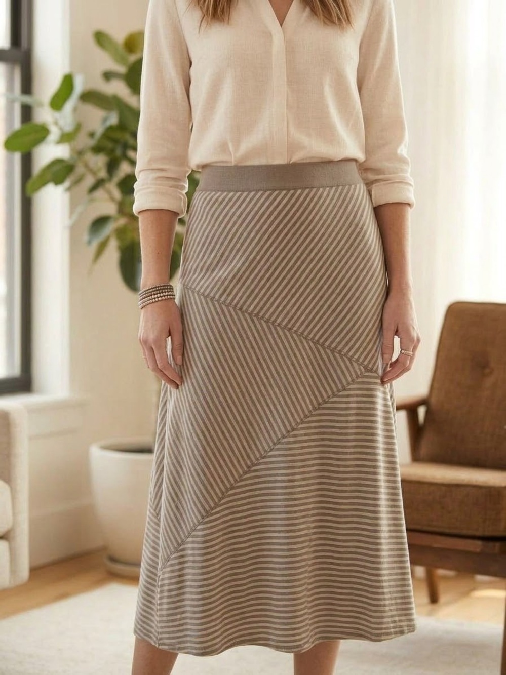 J. Jill Taupe and Cream Striped A-Line Midi Skirt